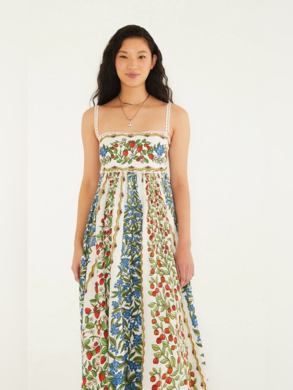 FARM Rio White Maxi Dress with Red & Blue Floral Stripe